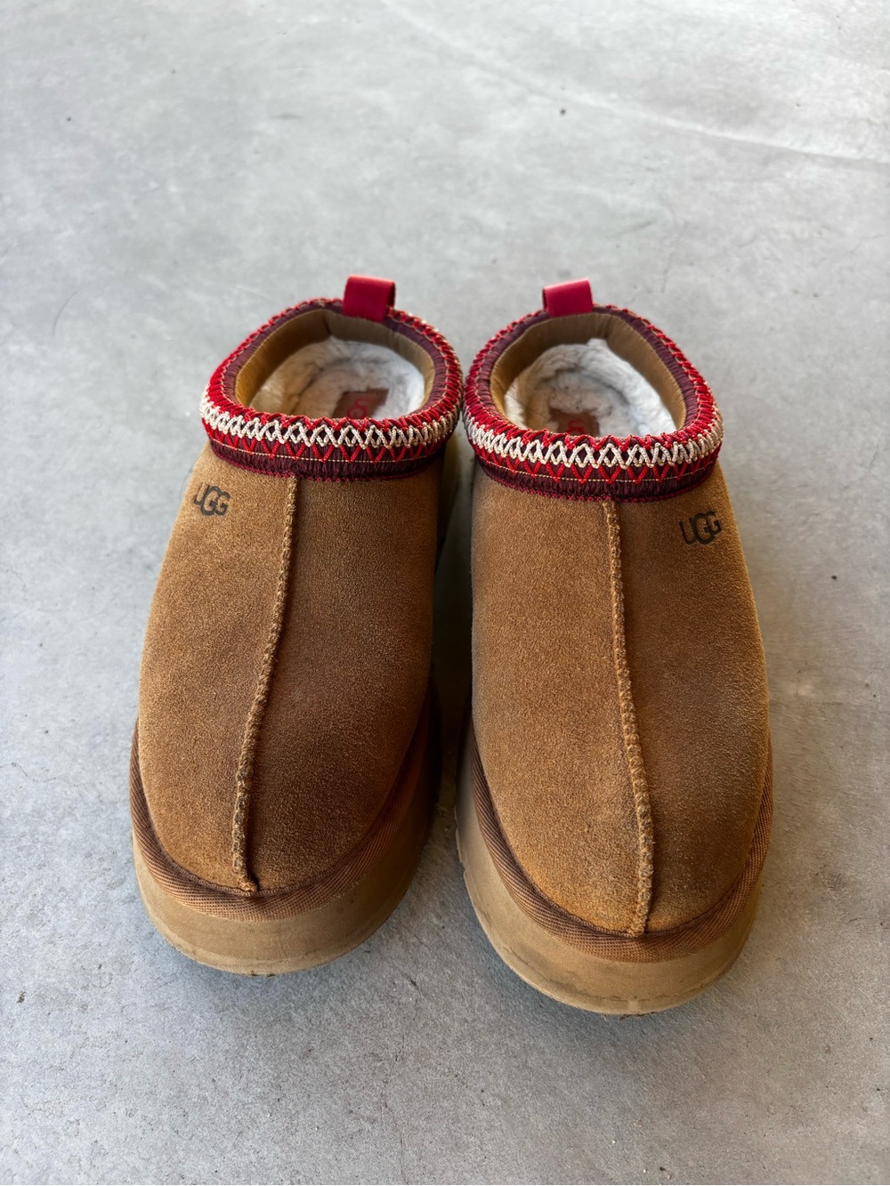 UGG women’s Chestnut Suede Slip-On Loafers with Red Trim